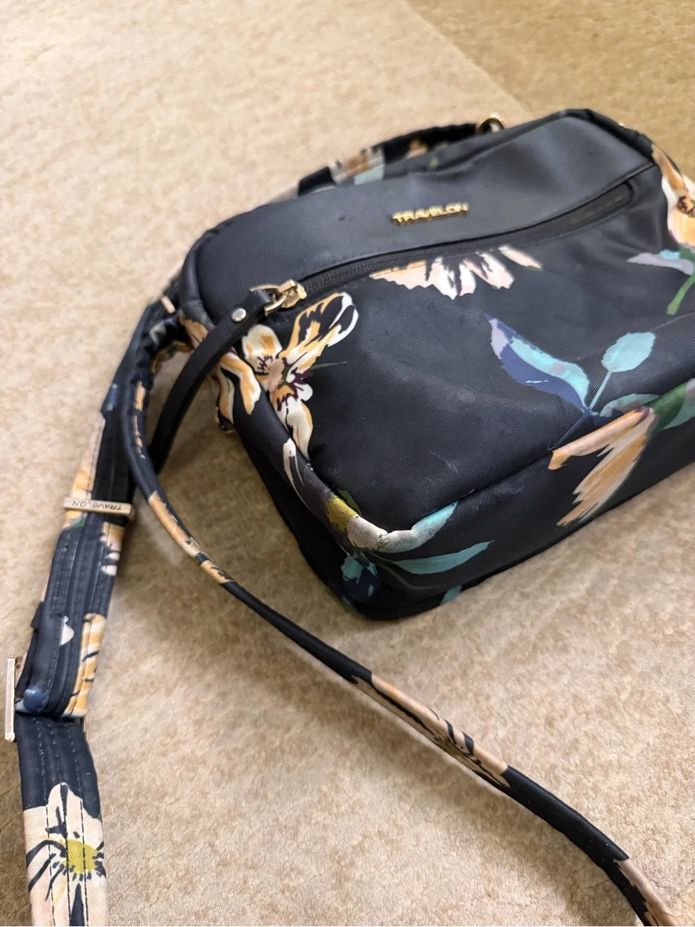 Travelon Black Floral Crossbody with Teal and Yellow Accents - Picture 4 of 8